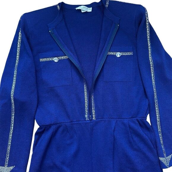 ST. JOHN Size 14 Royal Blue Made In USA Rhinestone Trimmed Knit Jumpsuit Pockets - Picture 10 of 16